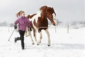 Dívka běží s koněm ve sněhu